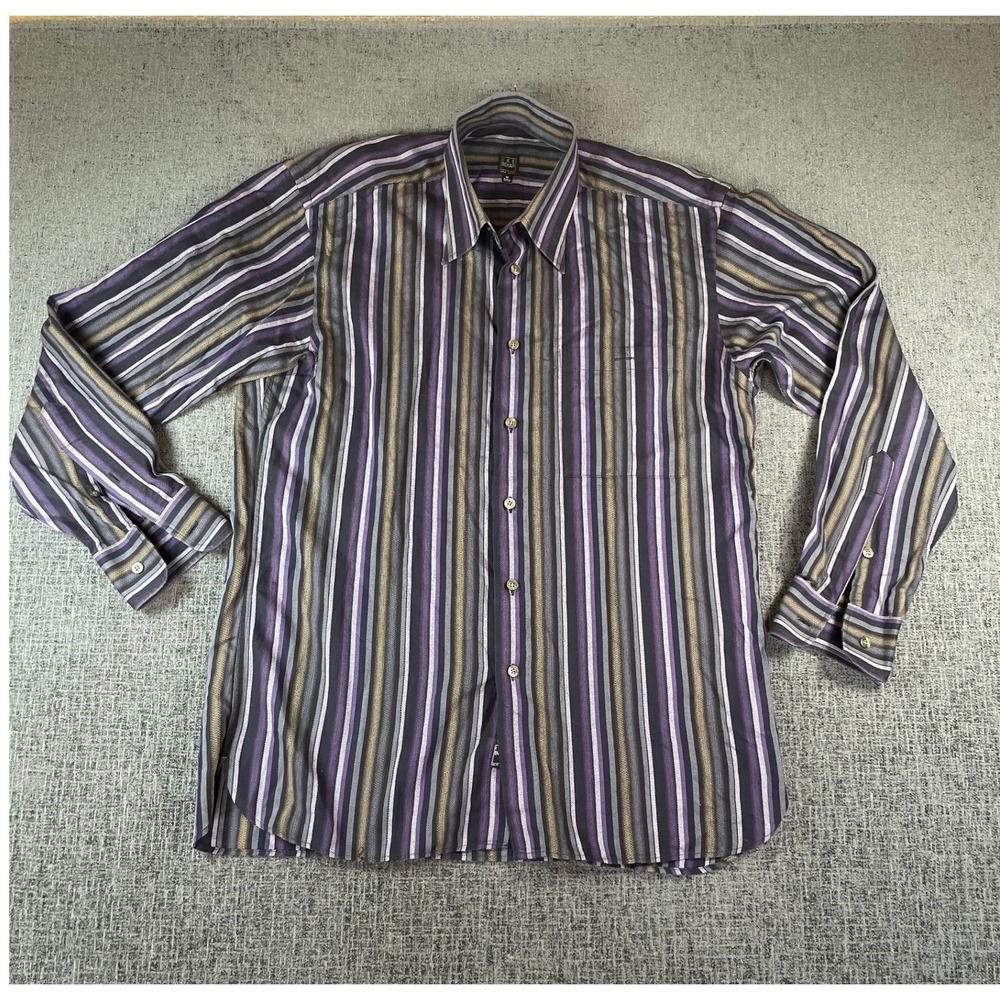 Ike Behar New York Mens Purple Gold Striped Button Down Shirt Size M Made Canada